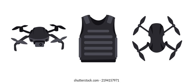 Drones, flying quadcopter with remote controllers, body armor. Unmanned aerial drones vector illustration set. Electronic quadcopters. Robot helicopter concept in flat style. Army Ukraine donation