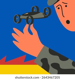 Drones, flying quadcopters with remote controls. Unmanned Ukrainian aerial vehicles with soldier. Electronic quadcopters. Concept of robot helicopter with AI. Flat vector illustration.