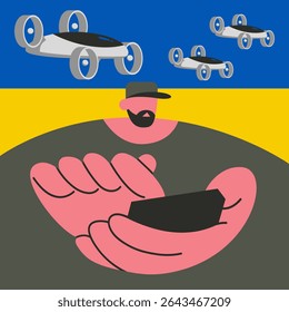 Drones, flying quadcopters with remote controls. Unmanned Ukrainian aerial vehicles. Electronic quadcopters and military guy. Concept of robot helicopter with AI. Flat vector illustration.