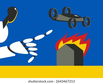 Drones, quadcópteros voadores com controles remotos. Veículos aéreos ucranianos não tripulados com AI Robot. Quadricópteros eletrônicos. Conceito de helicóptero robô com IA. Ilustração de vetor plano.