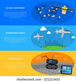 Drones horizontal banners set with delivery reconnaissance and research drones flat isolated vector illustration 