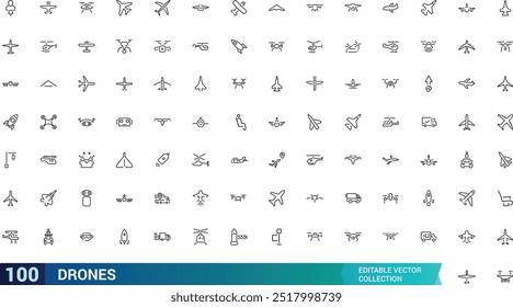 Drones icon collection. Aviation icon set. Airplane icons pack. Thin Line art icons with editable formate, Linear icons. Vector illustration