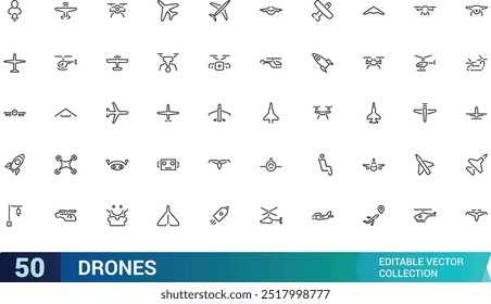 Drones icon collection. Aviation icon set. Airplane icons pack. Thin Line art icons with editable formate, Linear icons. Vector illustration