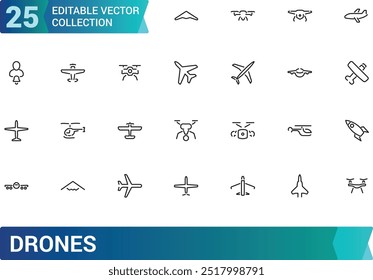 Drones icon collection. Aviation icon set. Airplane icons pack. Thin Line art icons with editable formate, Linear icons. Vector illustration