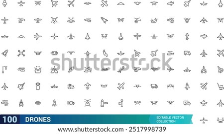 Drones icon collection. Aviation icon set. Airplane icons pack. Thin Line art icons with editable formate, Linear icons. Vector illustration