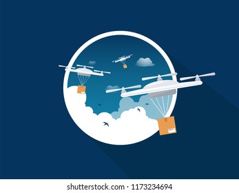 Drones icon. Copter or quadcopter with camera in cloudy sky. Vector flat illustration.