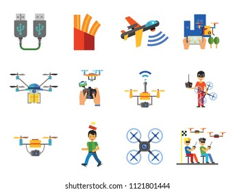 Drones Icon Set. Drone Technology Surveillance Racing Delivery Drone USB Cable Drone Control Camera Military Drone Man With Flying Machine USB Port