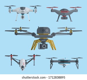 Drones icon. Unmanned aircrafts drones with controllers vector illustration. Set of modern air gadjet, quadrocopters and remote control. Flat cartoon style of aircrafts camera. 