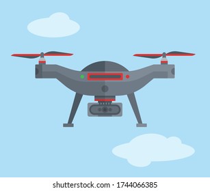 Drohnen-Symbol. Unbemannte Flugzeuge Drohnen mit Controller Vektorgrafik. Set mit modernem Luftschiff, Quadrocopter und Fernbedienung. Flacher Cartoon Stil der Flugzeugkamera. 