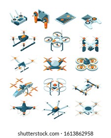 Drones isometric. Aircraft future modern technologies transport unmanned aviation vector set