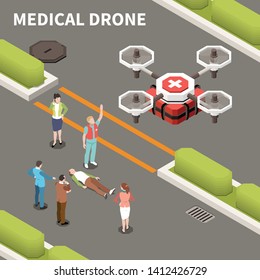 Drones isometric composition with text and people waiting for ambulance aircraft loaded with medicine box vector illustration