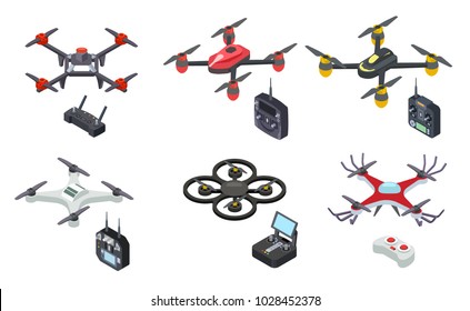 Drones isometric icons isolated on white background. Unmanned aircrafts drones with controllers vector illustration