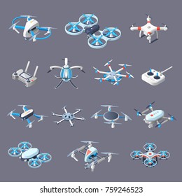 Drones isometric icons with unmanned aircrafts of different purpose with controllers isolated on grey background vector illustration.