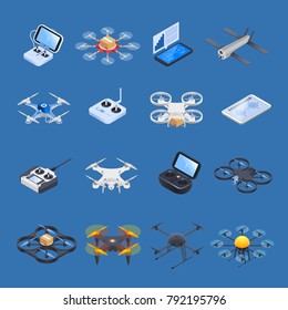 Drones isometric icons with unmanned aircrafts of different purposes, uav controllers on blue background isolated vector illustration