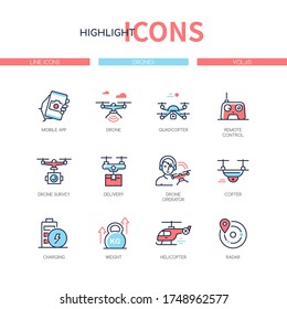 Drones - modern line design style icons set. Smart device for the survey and delivery idea. Mobile app, quadcopter, remote control console, male operator, copter, charging, weight, helicopter, radar