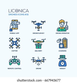 Drones - modern vector flat line design icons set. Mobile app, drone survey, operator, copter, delivery, charging, remote control, weight. Visual technology for more comfortable living.