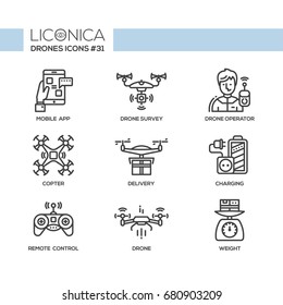 Drones - modern vector flat line design icons set. Mobile app, drone survey, operator, copter, delivery, charging, remote control, weight. Visual technology for more comfortable living.