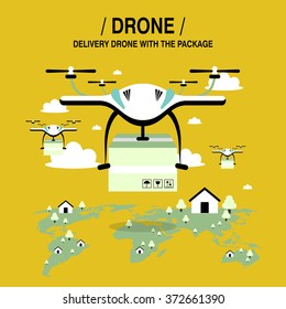 drones package delivery in flat design style