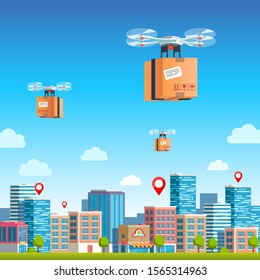 Drones with the package fly through the air to the designated address. Delivery of goods. Modern flat style vector illustration clipart.