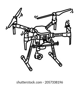 Drones Parte del equipo de la policía y accesorios Dibujar un vector de conjunto de iconos.