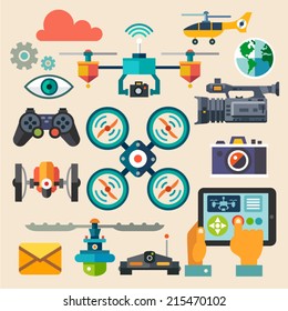 Drones for photo and video. New technologies. Vector flat icon set and illustrations