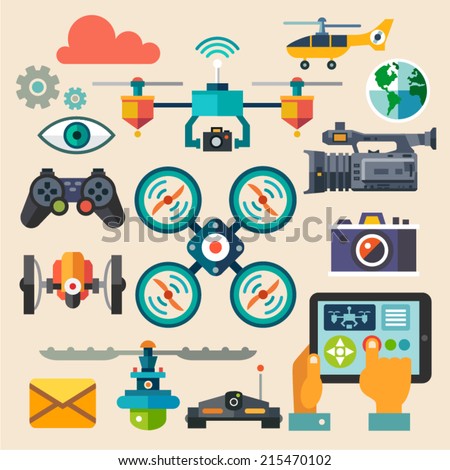 Drones for photo and video. New technologies. Vector flat icon set and illustrations