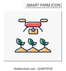 Drones photography color icon. Plant growth monitoring. Modern technology. Digital farming. Smart farm concept. Isolated vector illustration