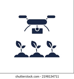 Drones photography glyph icon. Plant growth monitoring. Modern technology. Digital farming. Smart farm concept. Filled flat sign. Isolated silhouette vector illustration