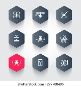Drones, Quadrocopter, Copters hexagon modern icons, vector illustration, eps10, easy to edit