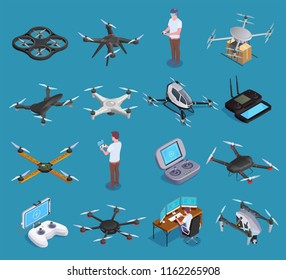 Drones quadrocopters hexacopters air transportation delivery surveillance with virtual reality remote controllers isometric set isolated vector illustration 