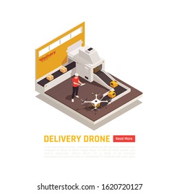 Drones quadrocopters isometric background with automated conveyor of parcel boxes human character and quadcopter with text vector illustration