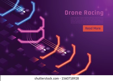 Drones quadrocopters isometric background with flashing neon barriers and racing drones with text and clickable button vector illustration