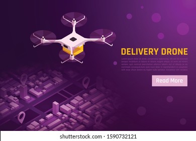 Drones quadrocopters isometric background with text read more button and image of quadcopter flying above city vector illustration