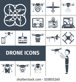 Drones and remote control mini helicopters icons black set isolated vector illustration