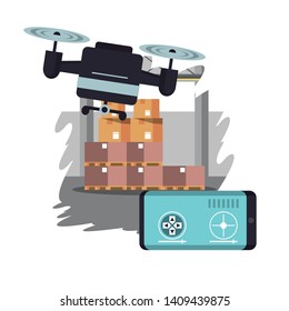 Drones and remote control in warehouse with boxes on shelves cartoon vector illustration graphic design
