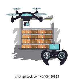 Drones and remote control in warehouse with boxes on shelves cartoon vector illustration graphic design