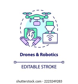 Drones and robotics concept icon. Healthcare in post pandemic era. Innovations abstract idea thin line illustration. Isolated outline drawing. Editable stroke. Arial, Myriad Pro-Bold fonts used