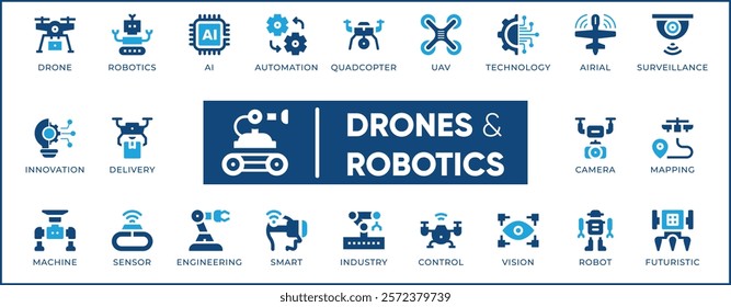Drones and Robotics Icon Set. Features editable icons for drones, AI, automation, UAV, technology, innovation, machines, etc. Perfect for tech companies, robotics enthusiasts, and drone operators.