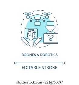 Drones And Robotics Turquoise Concept Icon. Post Covid Healthcare. Innovations Abstract Idea Thin Line Illustration. Isolated Outline Drawing. Editable Stroke. Arial, Myriad Pro-Bold Fonts Used