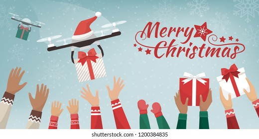 Drones with Santa's hat delivering Christmas gifts to cheerful people with raised hands, they are catching the presents