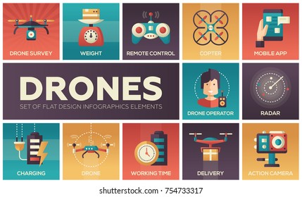 Drones - set of flat design infographics elements. Collection of square icons. Survey, weight, remote control, copter, mobile app, operator, radar, charging, working time, delivery, action camera