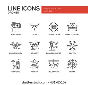 Drones - set of modern vector plain line design icons and pictograms. Mobile app, quadcopter, remote control, survey, delivery, operator, copter, charging, weight, helicopter, radar