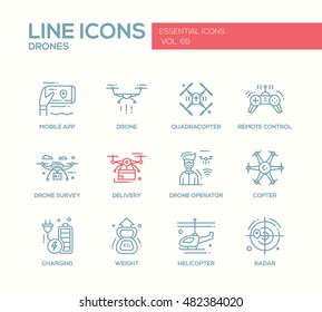 Drones - set of modern vector plain line design icons and pictograms. Mobile app, quadcopter, remote control, survey, delivery, operator, copter, charging, weight, helicopter, radar