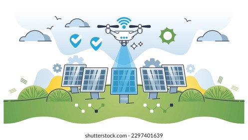 Drohnen für die Solarinspektion als automatisches technisches Prüfkonzept. Reneable Energy Panel-Effizienzdiagnostik mit autonomer Flight-Vektorgrafik. Einsatz unbemannter Robotertechnik.