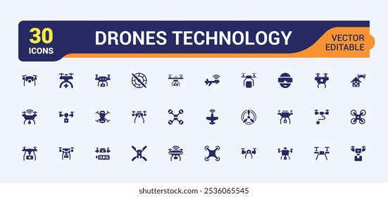 Drones solid icons collection. Featuring drones, flight, drone camera, remote, aircraft, multicopter and more. Filled icon set. Vector illustration.