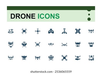 Drones solid icons collection. Featuring fly, quad copter, remote, copter, aviation, drones and more. Minimal filled icons. Editable glyph. Vector illustration.