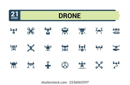 Drones solid icons collection. Featuring fly, quad copter, remote, copter, aviation, drones and more. Minimal filled icons. Editable glyph. Vector illustration.