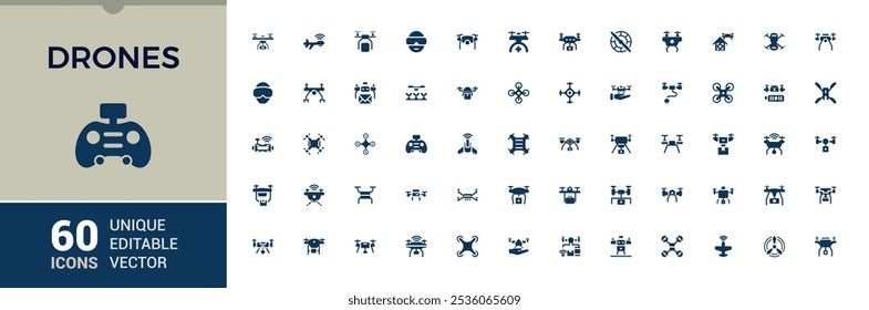 Drones solid icons collection. Featuring drones, flight, drone camera, remote, aircraft, multicopter and more. Filled icon set. Vector illustration.