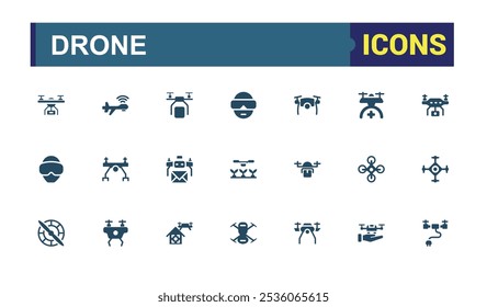 Drones solid icons collection. Featuring fly, quad copter, remote, copter, aviation, drones and more. Minimal filled icons. Editable glyph. Vector illustration.