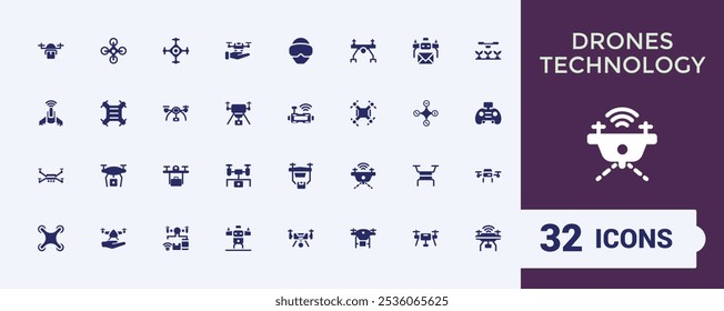 Drones solid icons collection. Featuring drones, flight, drone camera, remote, aircraft, multicopter and more. Filled icon set. Vector illustration.